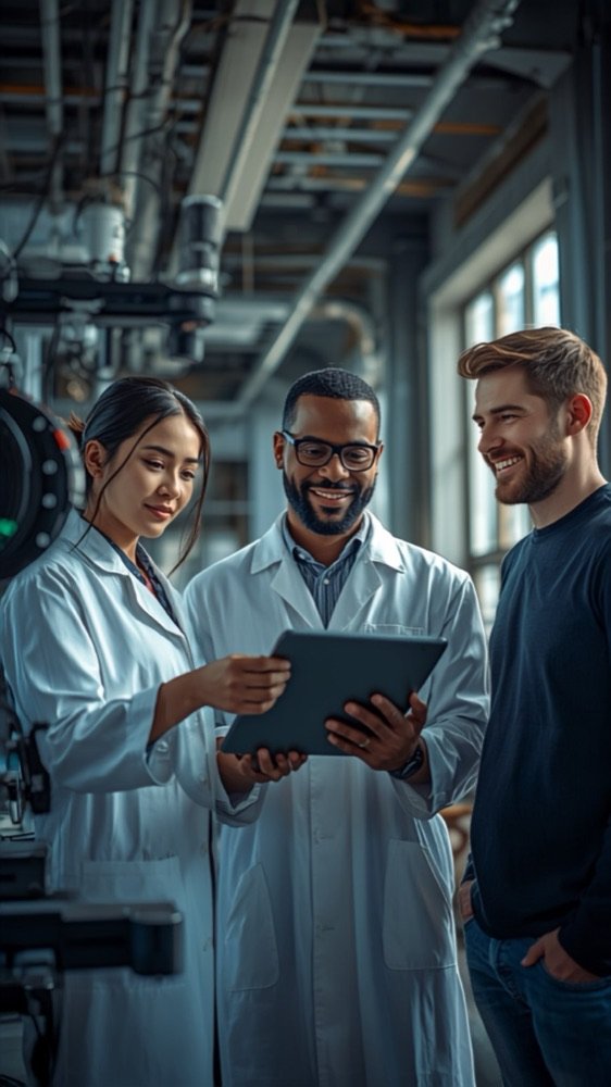 Forschende arbeiten gemeinsam an einem technischen Versuchsaufbau im Labor.